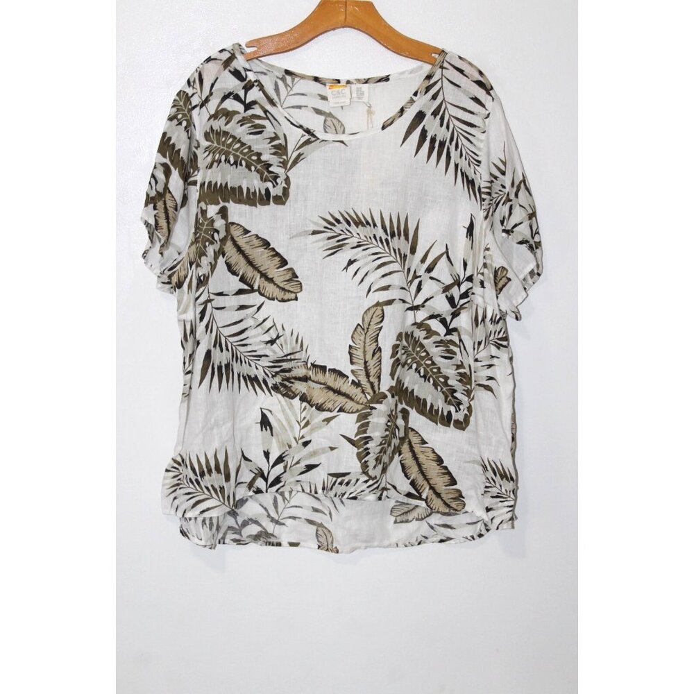 C & C California  100% Linen Blouse Size 2X Tropical Print Short Sleeve NWT